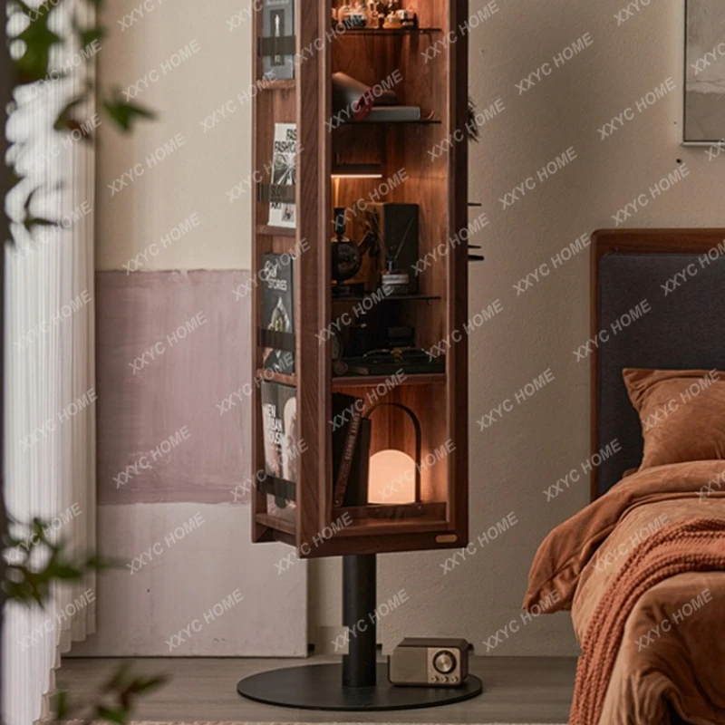 Q Solid wood rotating mirror cabinet bedroom home full length mirror black walnut magazine holder