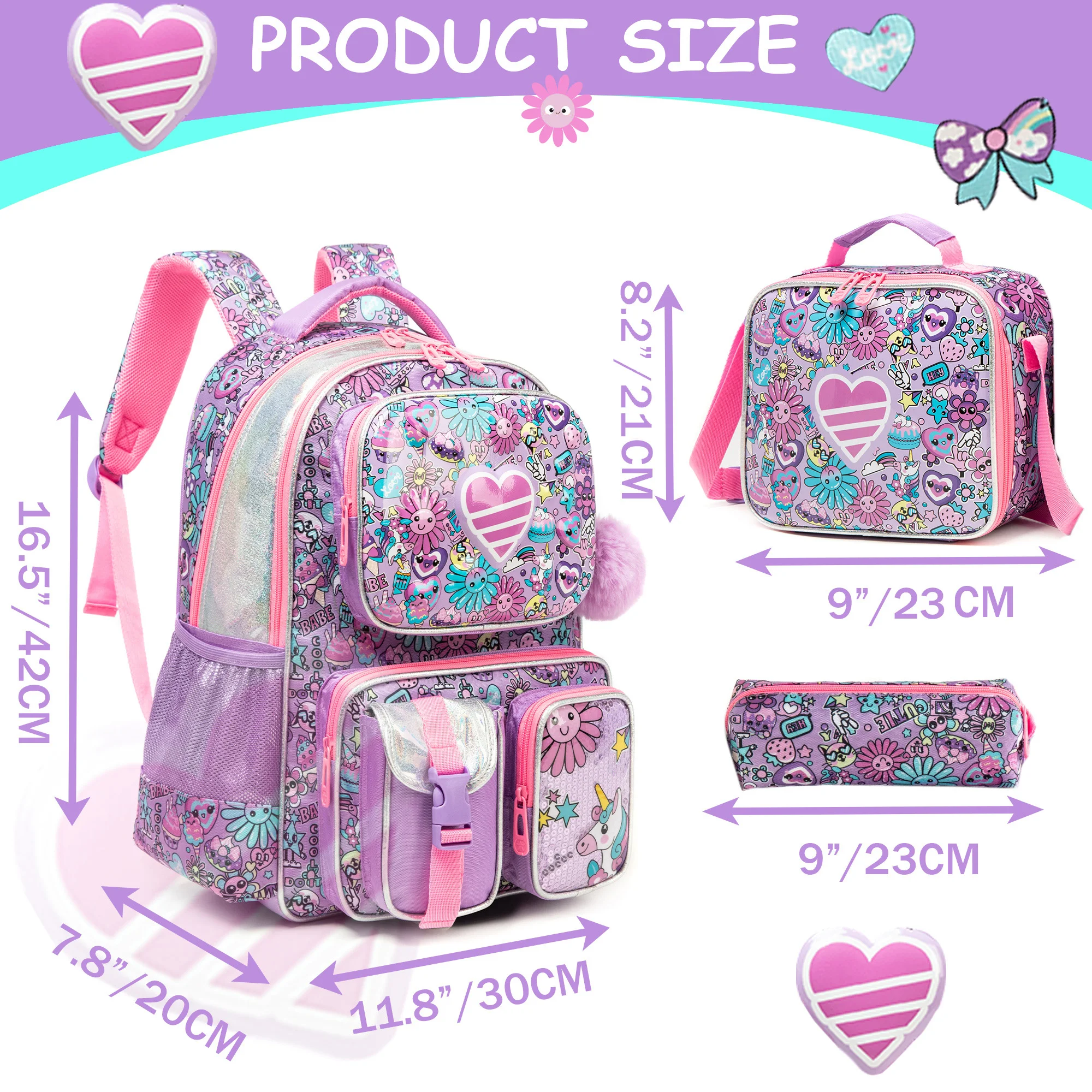 Cute Backpack for Girls Backpacks for Elementary Preschool Students Kids School Cute Backpack Lunch Bag and Penbag