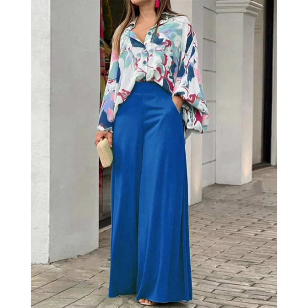 Women\'s Floral Print Long Sleeve Shirt Top and High Waist Wide Leg Pants Sets, Casual Oversized Outfits, Korean Style, Summer