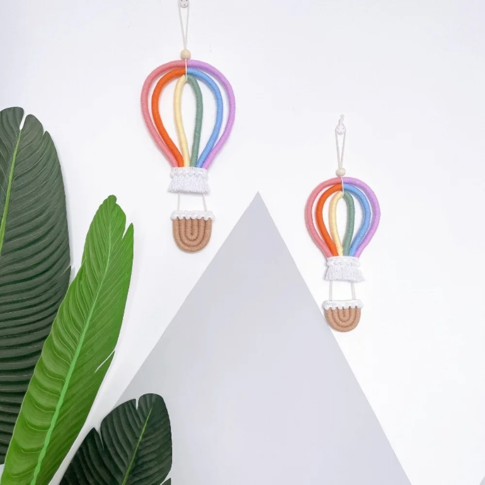 Rainbow Hot Air Balloon Macrame Wall Hanging Nordic Style Boho Decor for Kids Room Nursery Bedroom Aesthetic Ornament 1pc