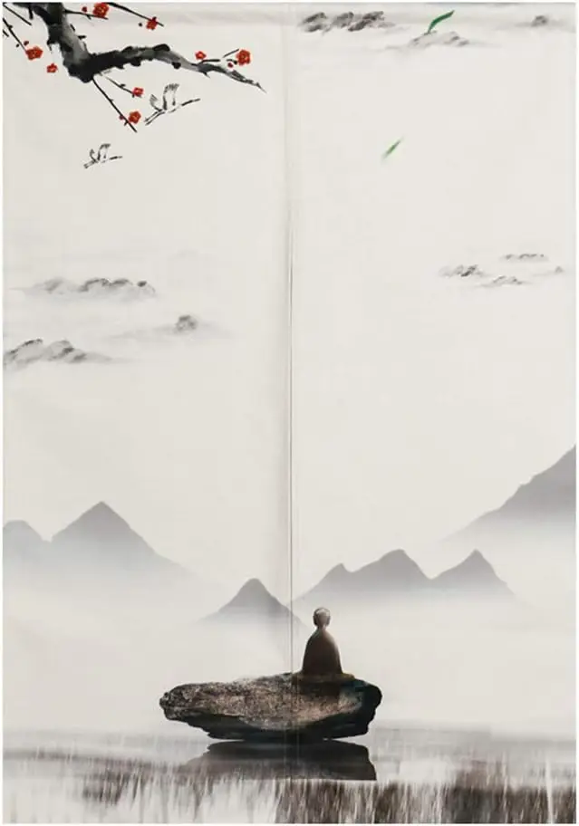 Serene Zen Art Noren Curtain, Ink Wash Mountain & Meditating Monk Pattern, Waterproof Washable Zen Style Curtain for Tea Room
