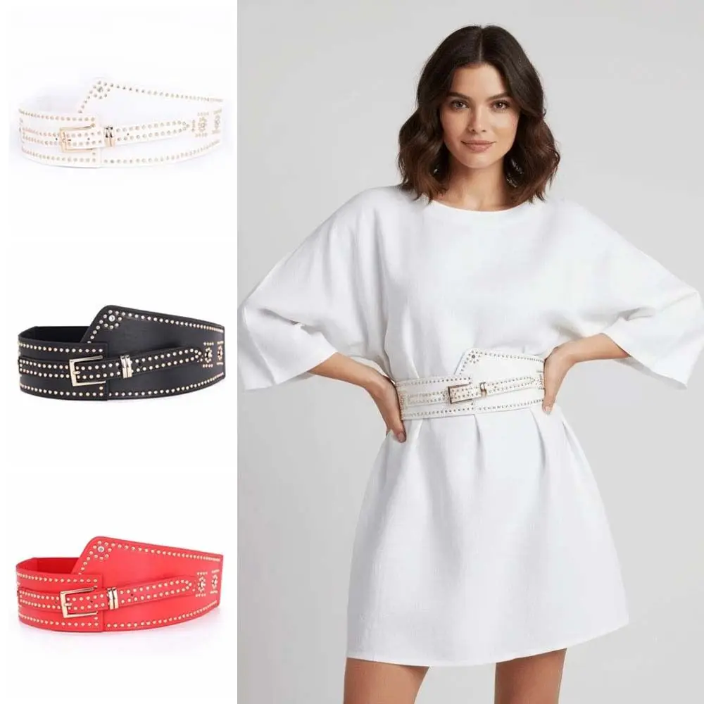 調節可能なリベットワイドウエストバンド、パーソナライズデザイン、ラインストーン、y2kクールガールズベルト、ソリッドカラー、パンクスタイル