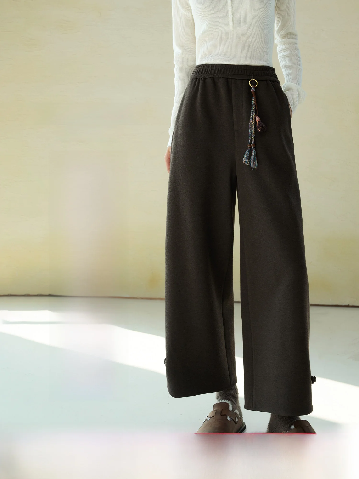 

New Chinese Style Casual Pants with Color Rope Buckle Soft Inner Fleece High Waist Elastic Cotton Blend Wool Blend