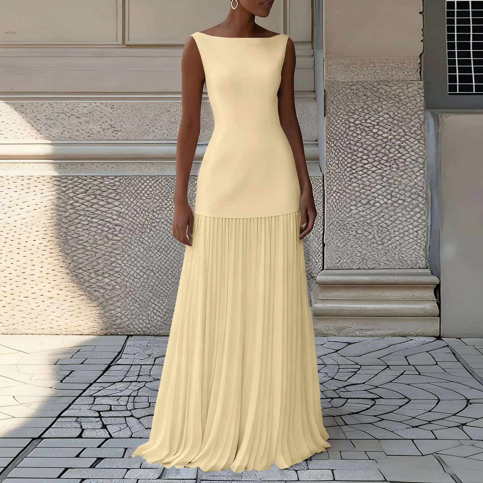 Vrouwen Mouwloze Slash Hals Losse Solid Party 2025, Zomerjurken Vakantie A-lijn Gewaad Geplooid Patchwork Elegante Lange Jurk