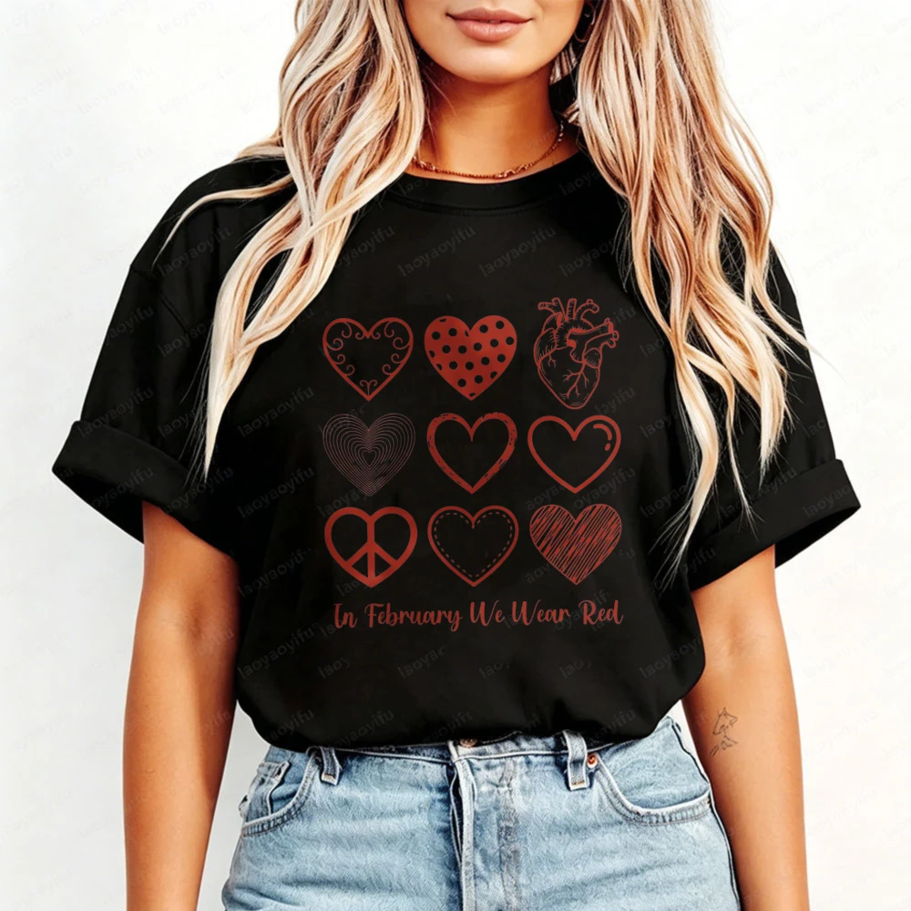 Heart Awareness Women Cotton Tshirt In February We Wear Red Multiple Hearts Anatomical Heart Unisex Tee Fashion Charity Tee