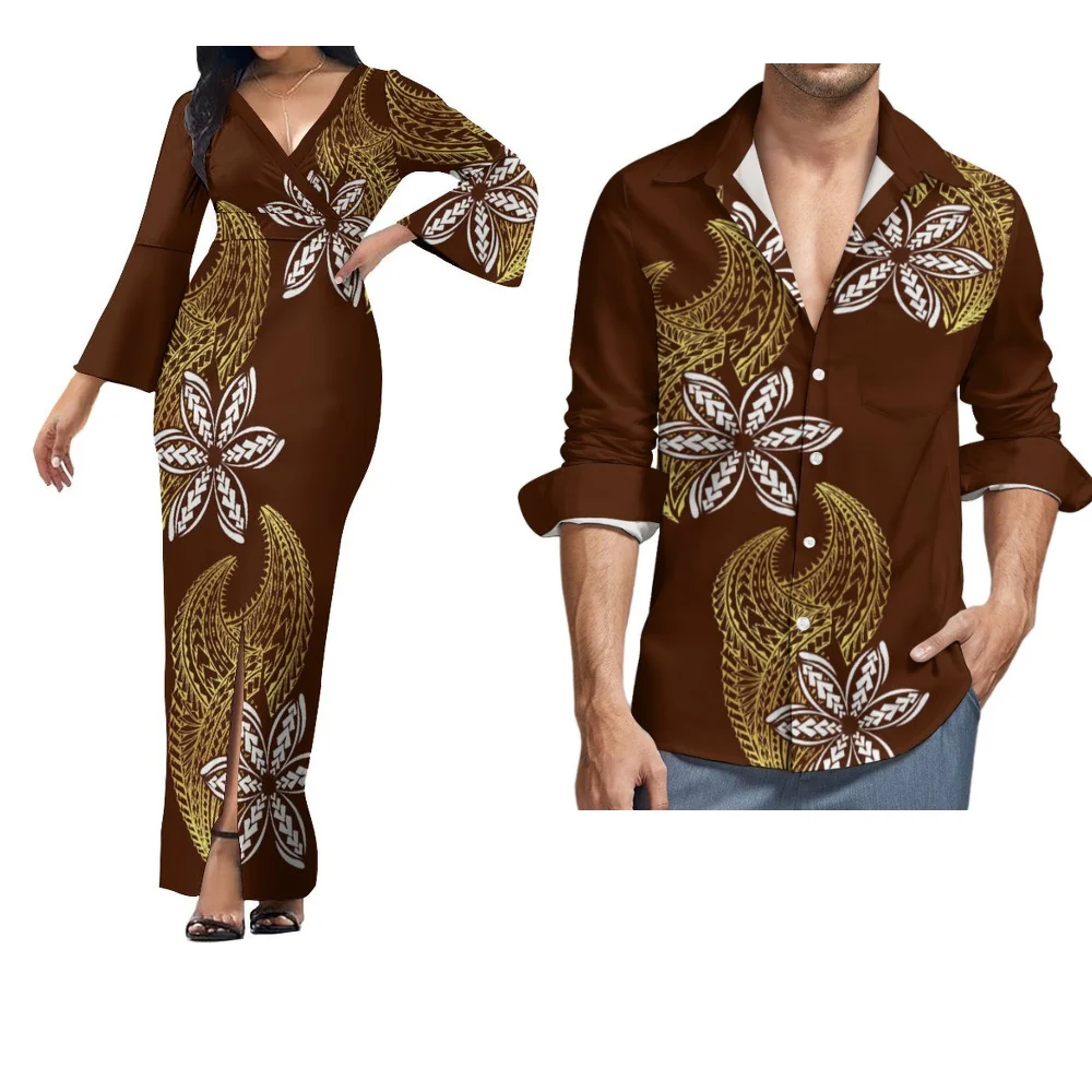 Summer Couple Dress Custom Polynesian Print Women'S Long Skirt V-Neck Elegant Banquet High Quality Dress Shirt For Men