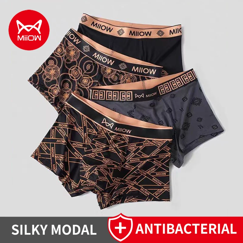 MiiOW 4 Stuks Zijdeachtige Modale heren Slipje 5A Antibacteriële Ademende Heren Onderbroek Mannen Ondergoed Mode Print Man Boxers Trunks