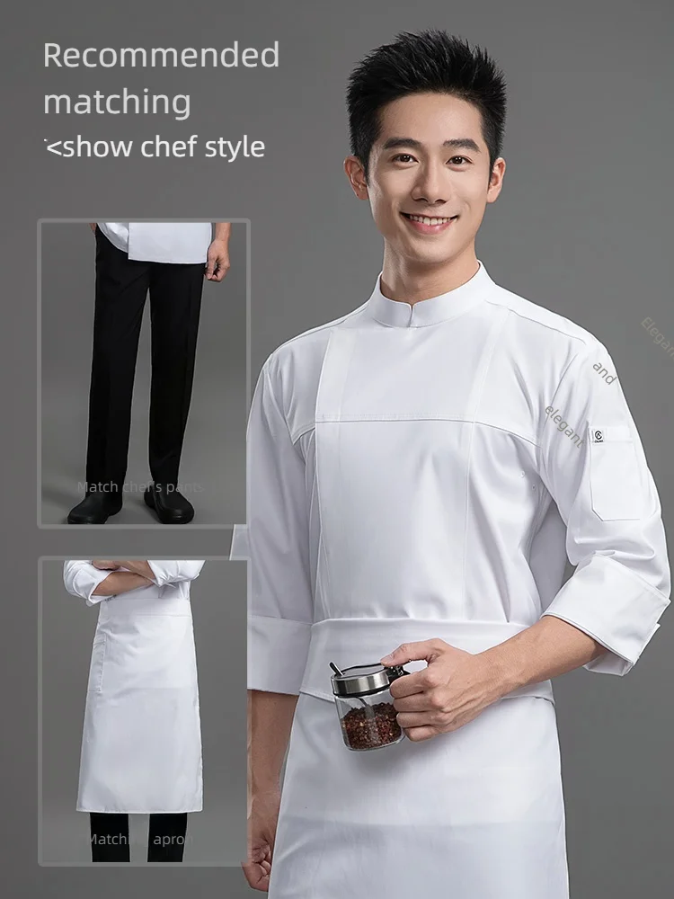 زي الشيف الرجالي بأكمام طويلة لملابس المطبخ في مطعم الفندق، ملابس تقديم الطعام الاحترافية