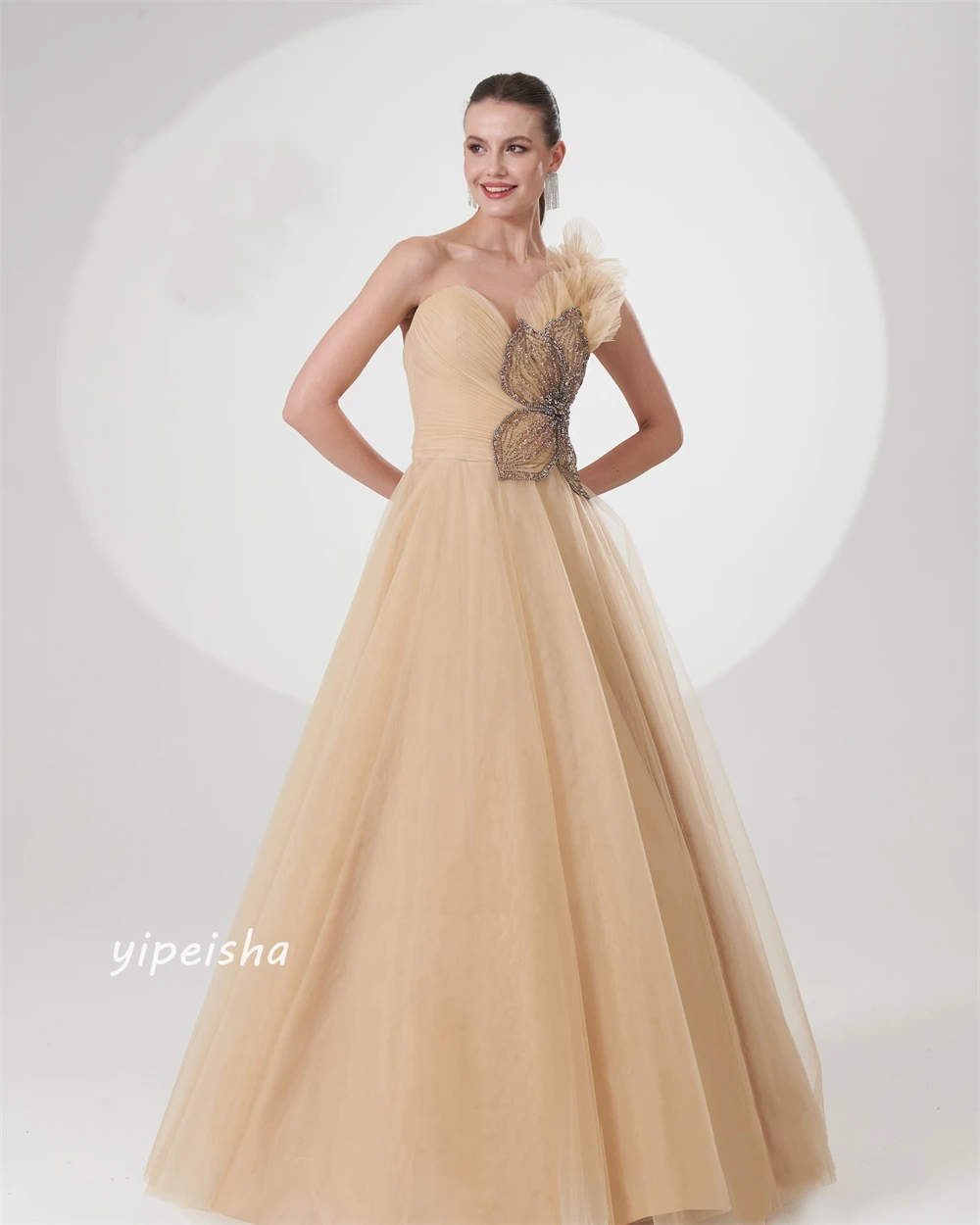 Tulle Flower Sequined Beading Ruched Valentine's Day A-line One-shoulder Bespoke Occasion Gown Long Dresses