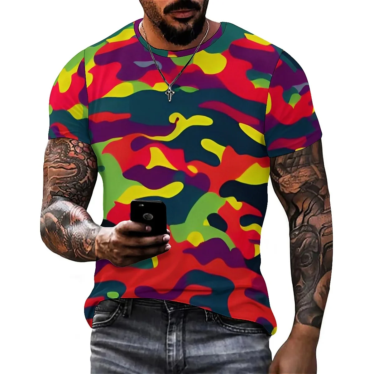 

Men's 3D Printed Short Sleeve T-Shirt - Cool & Lightweight Bold Print, Men's Party Top, Smooth Fabric