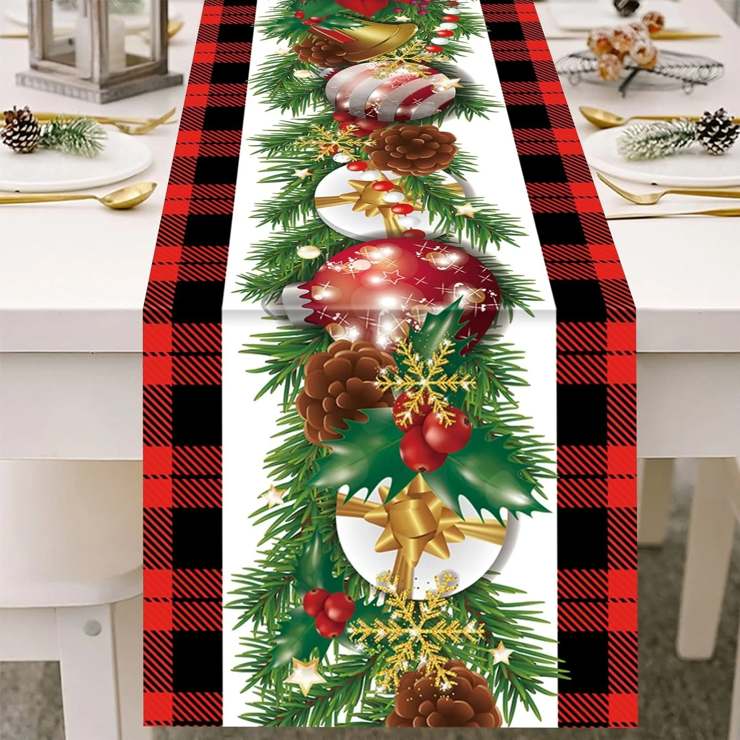

Christmas Plaid table flag with Festive Decorations: Red, Black & Green Holiday Charm New Year home party decoration