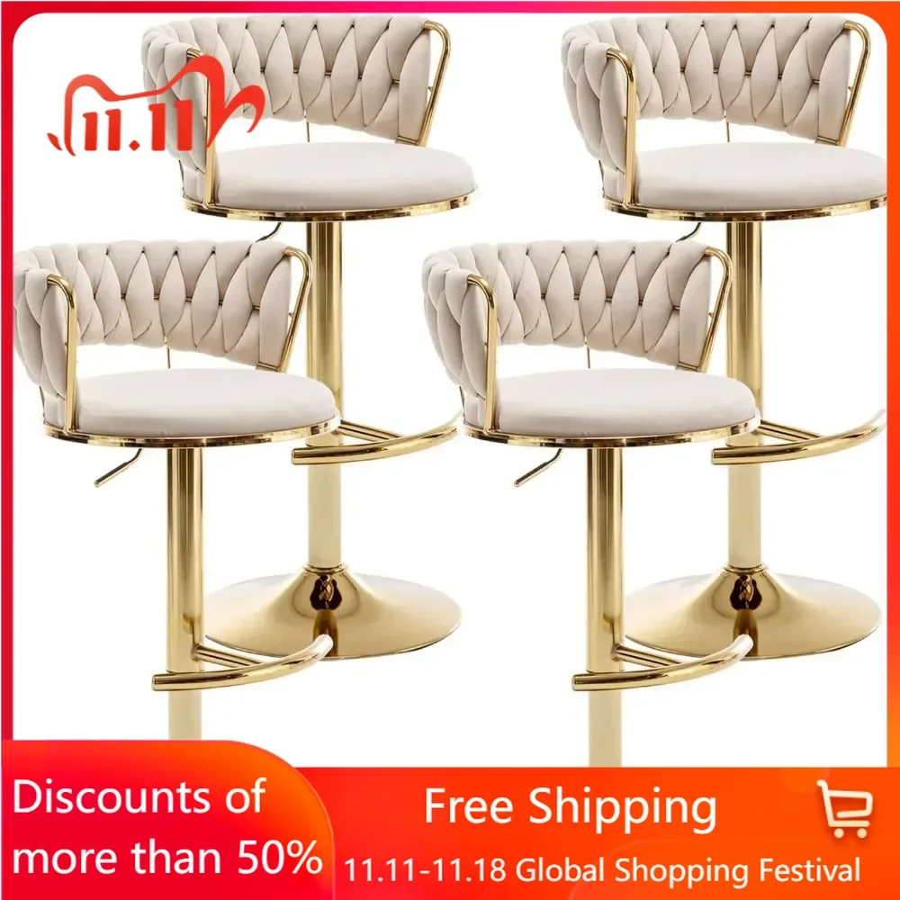 Gold Velvet Bar Stools Set of 4, Counter Height BarStools with Low Back, Swivel Bar Stool for Kitchen Island, Bar Pub (Beige)