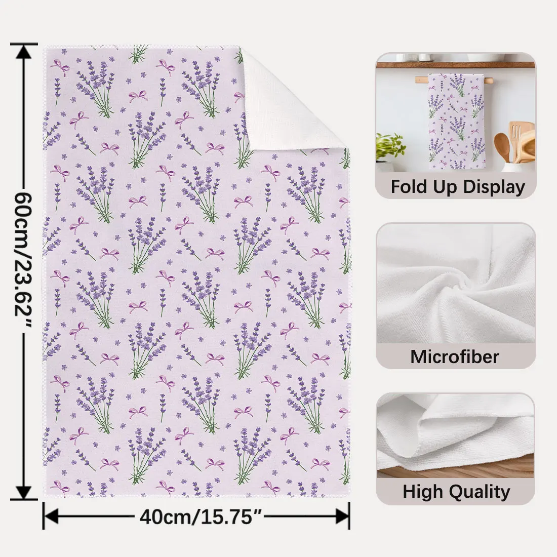 2pcs 40x60cm Spring Purple Striped Lavender Bow Flowers Dishcloth Tea Towel Kitchen  Flowers Cleaning Wash Cloth Gifts
