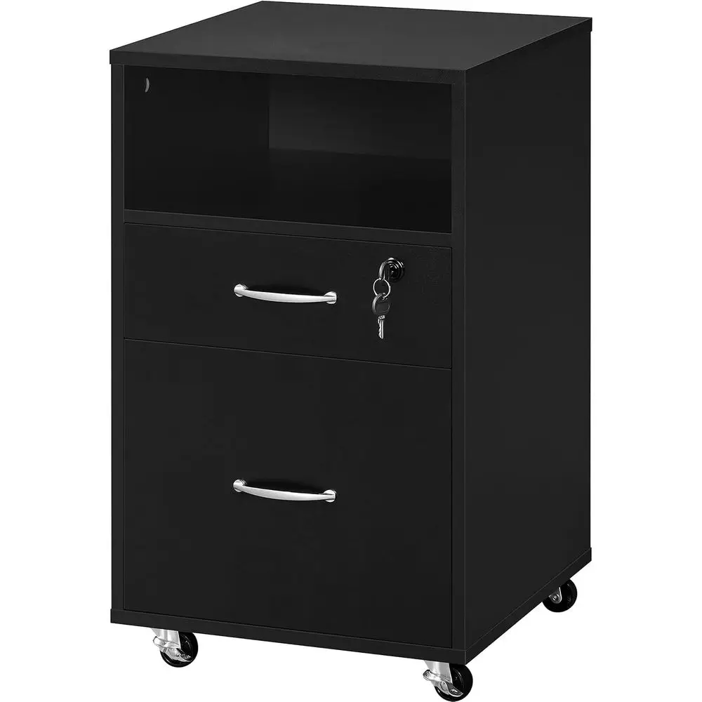 2-Drawer Cabinet with Lock, Under Desk Storage, Black | Lockable drawer holds hanging files; a small drawer and open shelf under