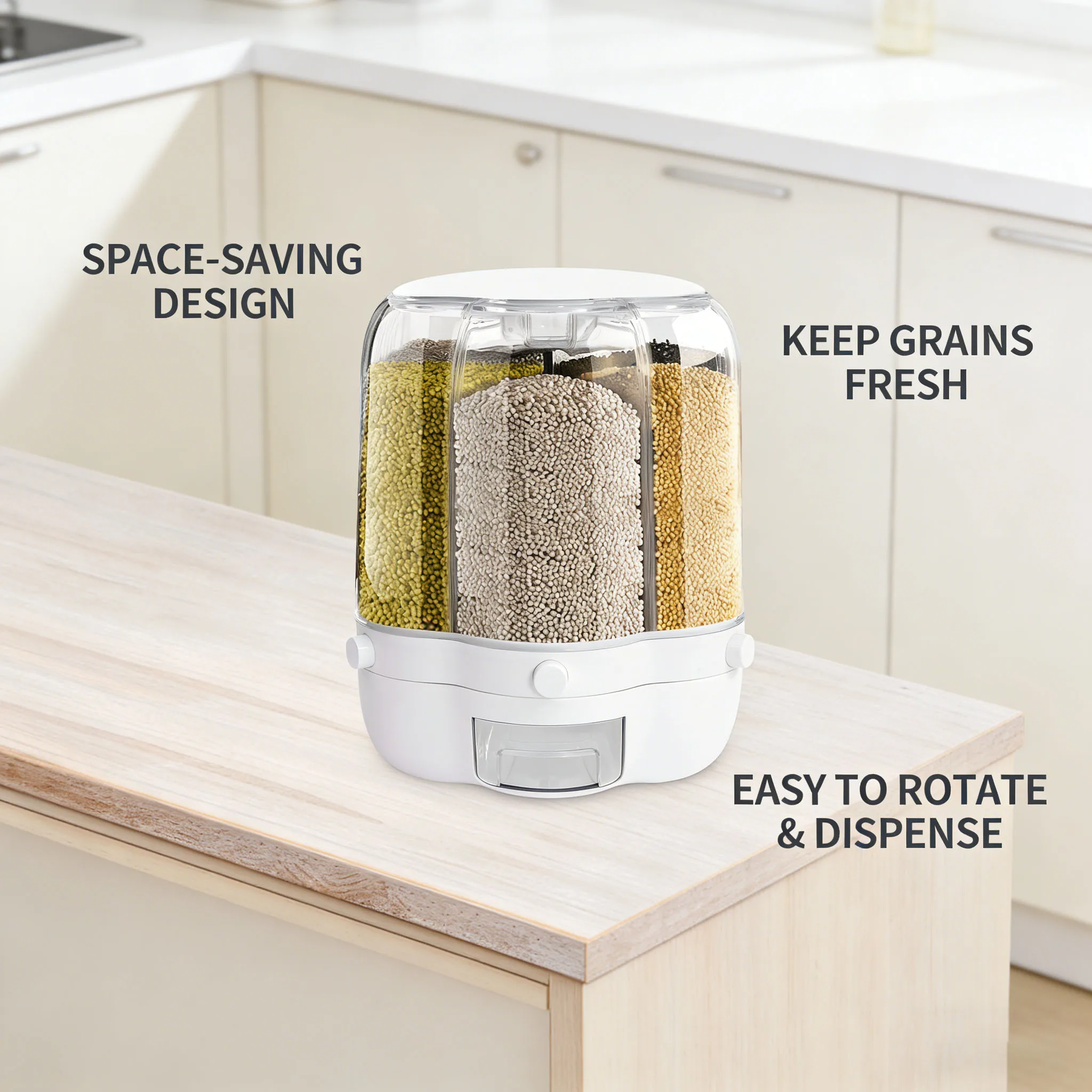

6-Compartment 360° Rotating Food Storage Containers Rice Distributor Transparent Large Capacity Beans Grain Container With Lid