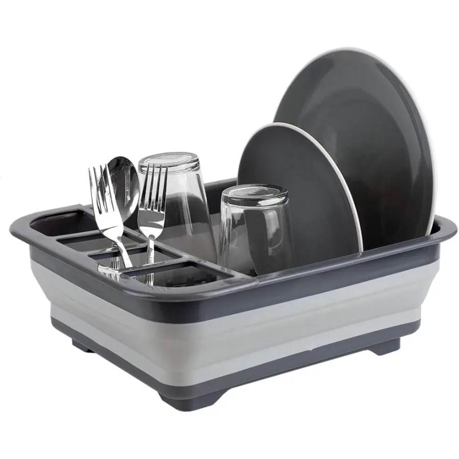 

Silicone and Plastic Easy Storage Collapsible Dish Rack with Cutlery Holder Grey