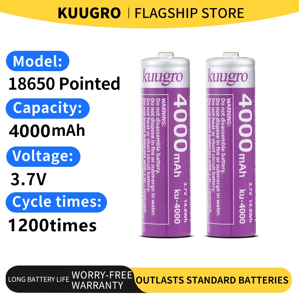 Image of Kuugro Ku-4000 Spitze Akkuzellen 18650 4000mAh 3,7V Höchstkapazität Wiederaufladbare Lithium-Batterien 12A Entladung für Taschenlampen