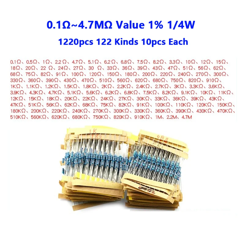

1220pcs 122 Kinds 0.1Ω~4.7MΩ Value 1% 1/4W Metal Film Resistor Assorted Kit 10pcs Each Value with samples pack