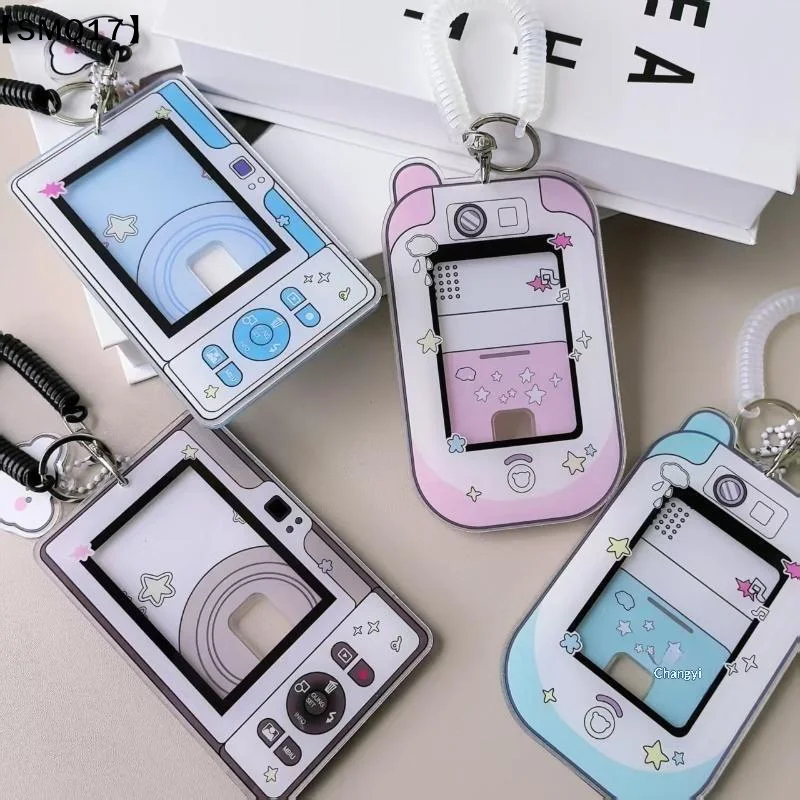 1Pcs Cute Camera Shaped Acrylic Photocard Holder With Coil Lanyard Clear Window Anti Drop Design For Kpop Collecting Idol【SMQ】