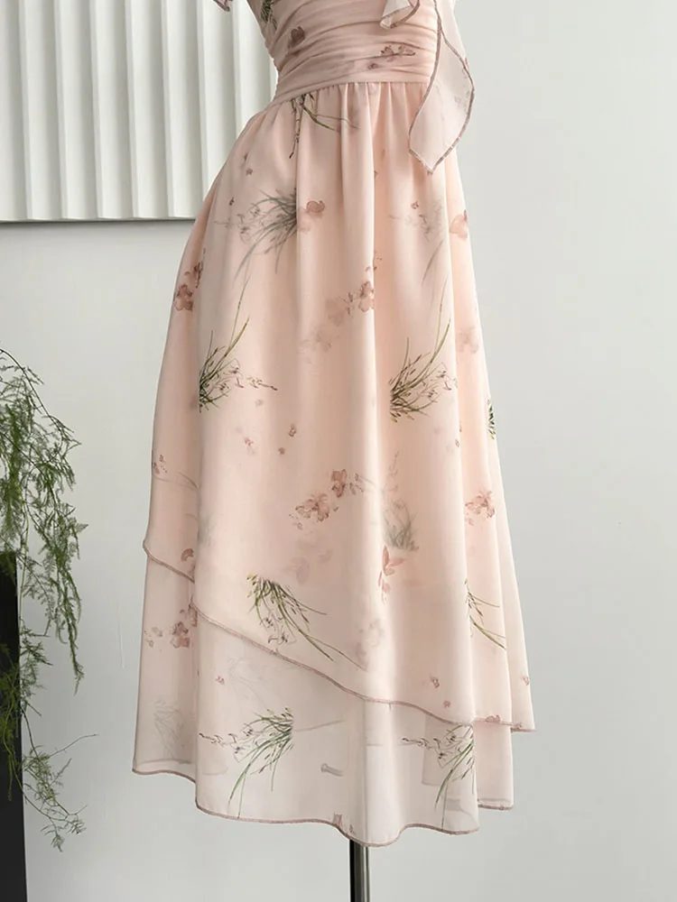 Nuovo Design moda elegante Ruffle Slim abito floreale donna rosa o-collo abito senza maniche estate 2000s abiti di un pezzo estetico