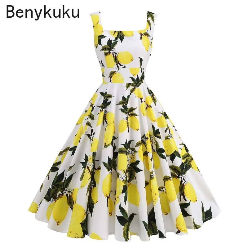 Lemon Print Hepburn vita alta anni \'50 anni \'60 Vintage Tank Dress vestiti estivi donna 2024 Retro senza maniche Rockabilly Swing Dresses