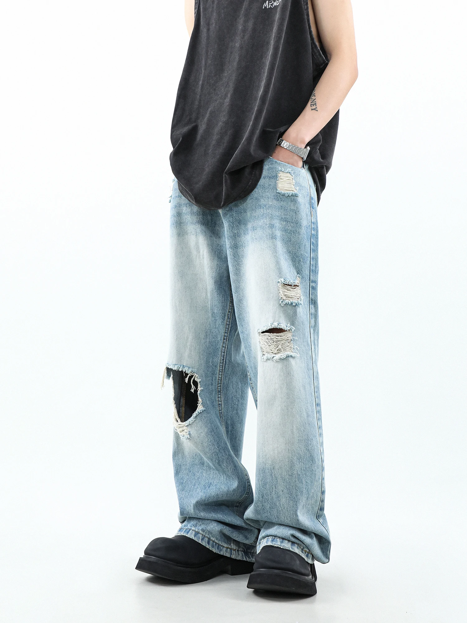 

American Style Loose Straight Ripped Wide Leg Jeans Men's Fashion Brand High Street Casual All-Matching Pants