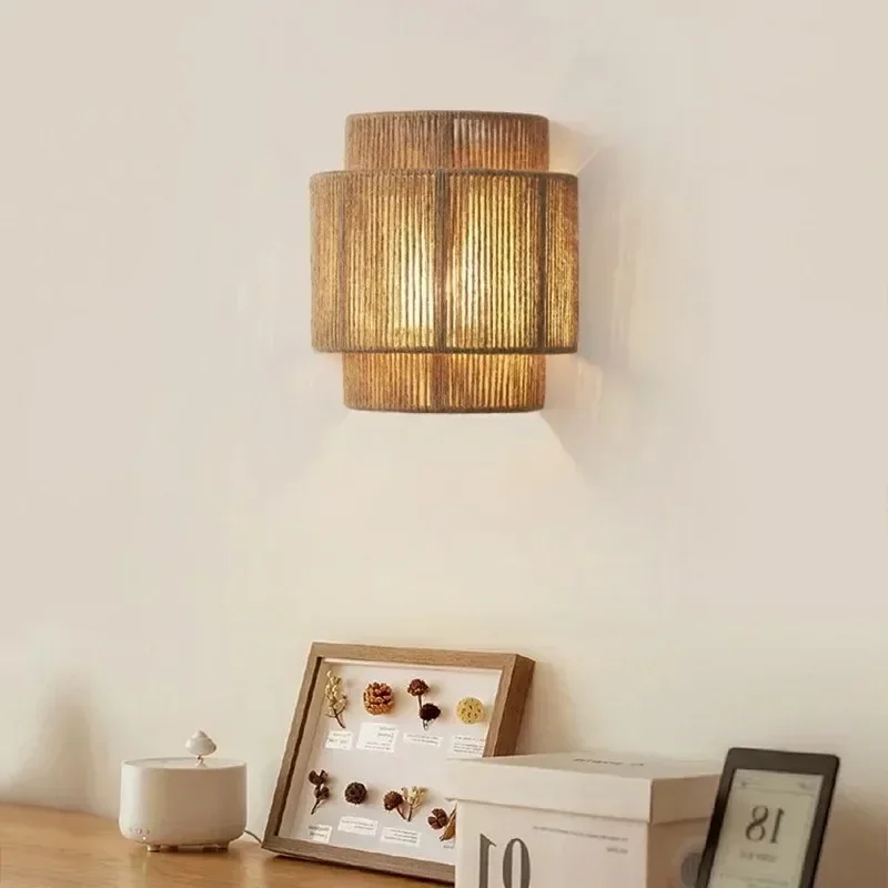 Led Vintage Bamboo Sconce Lamp Hemp Rope Bedroom Bedside Lights Dining Room Living Room Aisle Japanese Rattan Wall Lamp