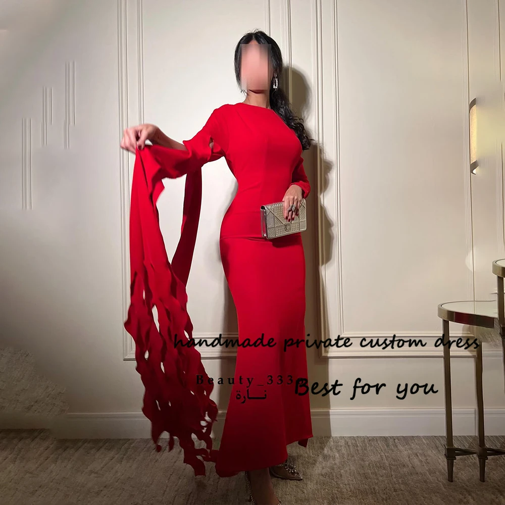 

Red Mermaid Evening Dresses Long Sleeve O Neck Formal Occasion Dress Spandex Satin Long Wedding Party Gowns Ankle Length