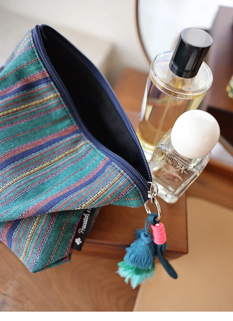 Bunt gestreifte Fransen-Anhänger-Make-up-Tasche im Ethno-Stil für Damen, mit Reißverschluss, für Reisen, tragbare Aufbewahrungstasche, Innenfutter-Tasche, Clutch – Detail 7