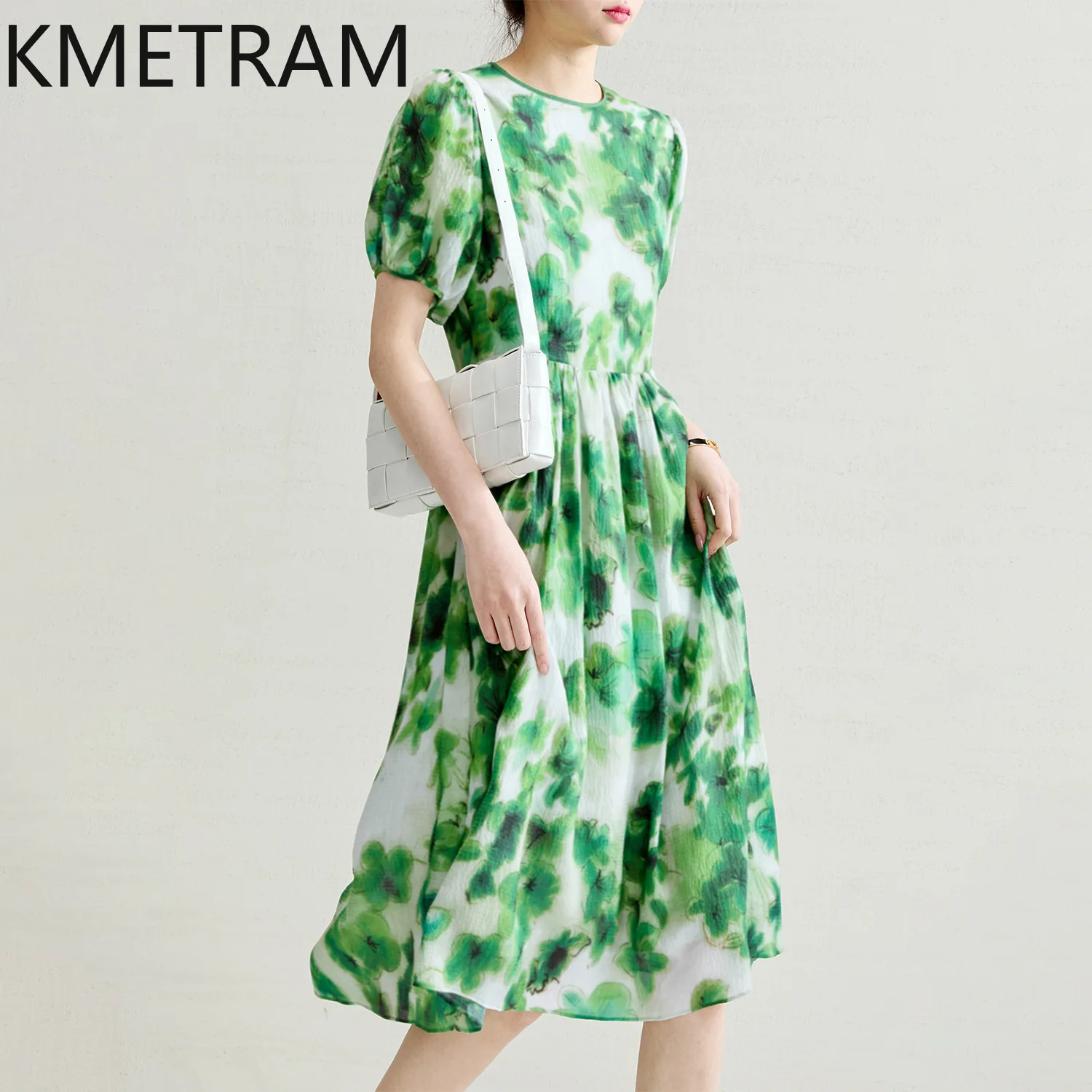 

KMETRAM 100% Mulberry Silk Women's Dresses Floral Print Elegant Dress Puff Sleeve Summer Long Dress Woman A-line Vestidos Mujer