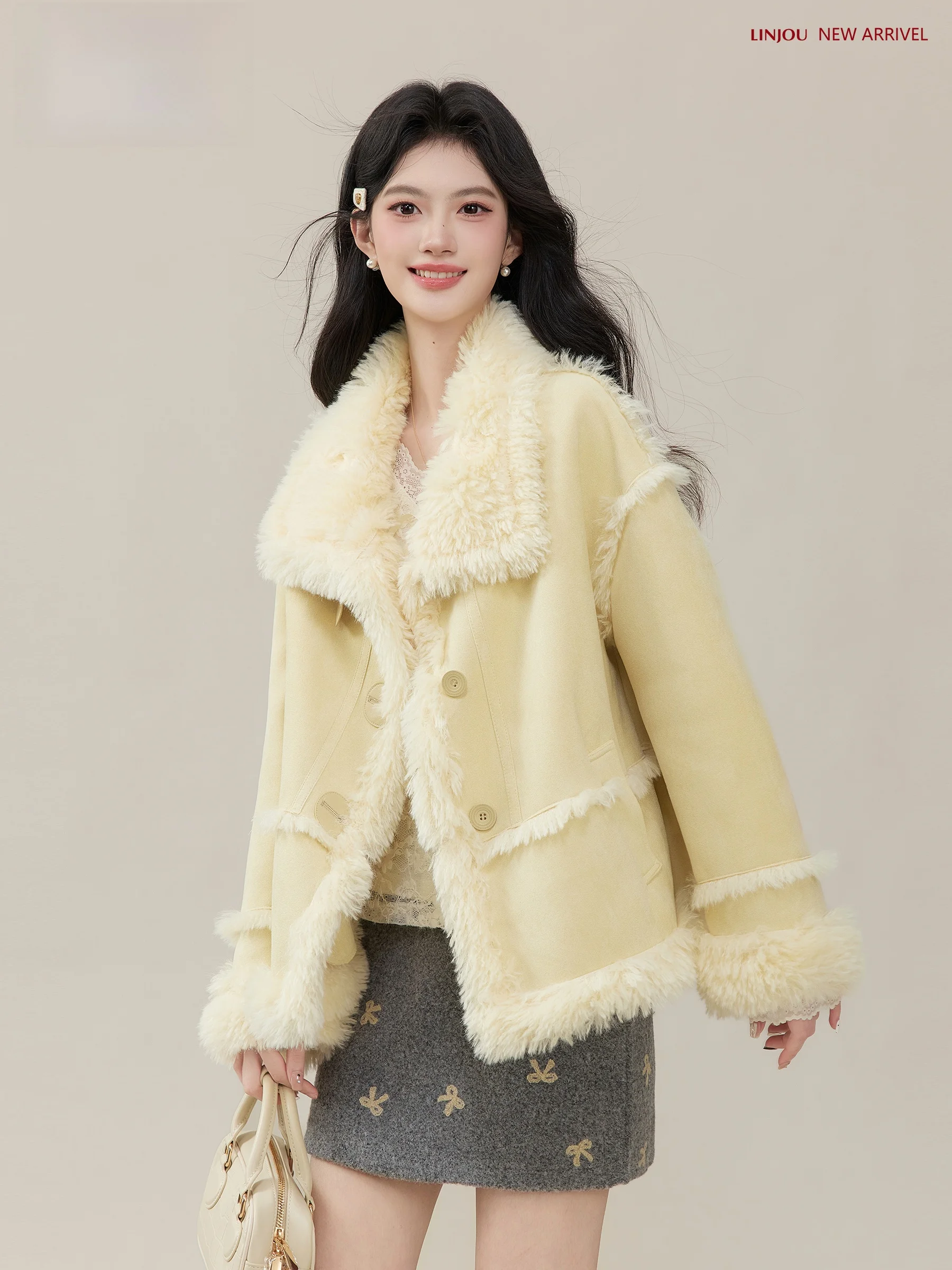 

Утепленная женская зимняя куртка из замши с мехом Princ Sle Thiened Plu Fur Jaet, теплая, облегающая, от Lingjiu