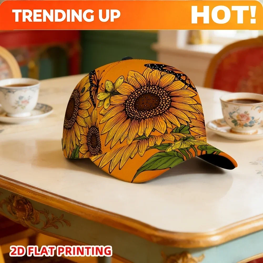 Custom 1pc Of A 2D Flat-Printed Baseball Cap Featuring Yellow Sunflowers And Butterflies, Designed With A Curved Brim. This Spor