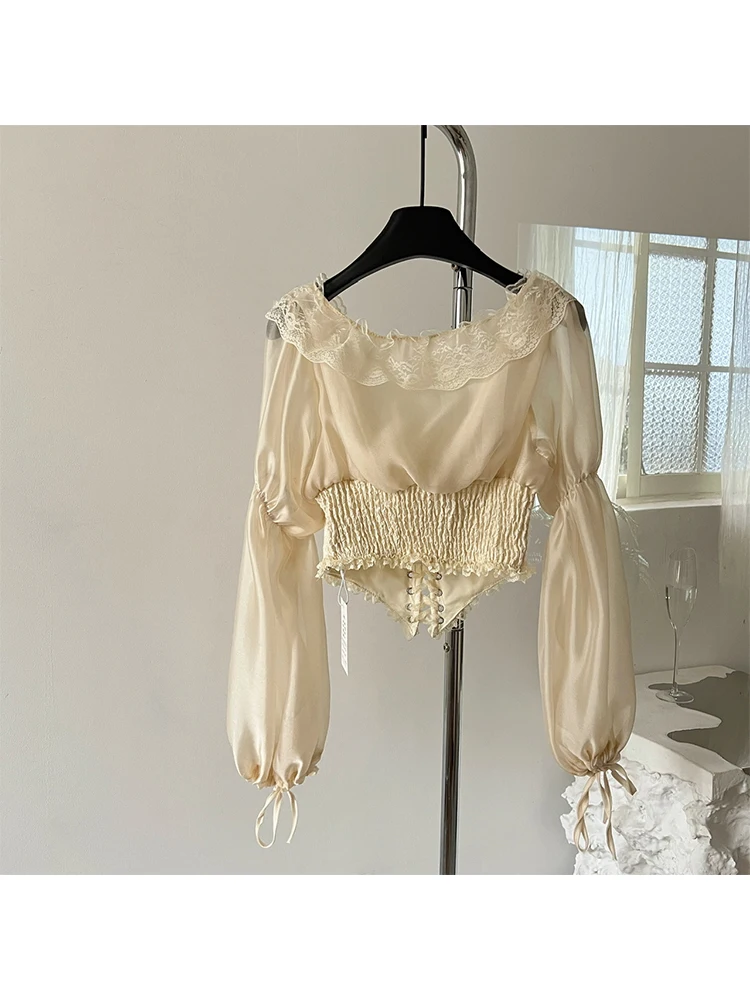 French Elegance Court Blouses Puff Sleeve Chic Crop Top Square Collar Slim Korean Office Lady Sweet Exquisite Shirts Streetwear