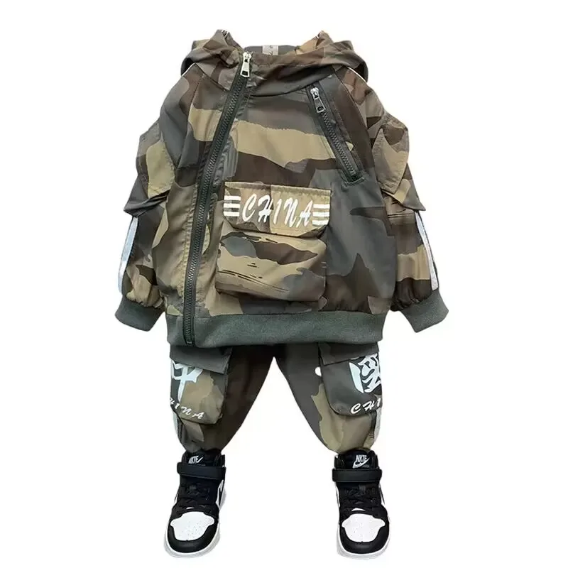 Children\'s Clothing Set Spring and Autumn New Boys Casual Camouflage Clothing Set Baby Jacket Pants Two-piece Set