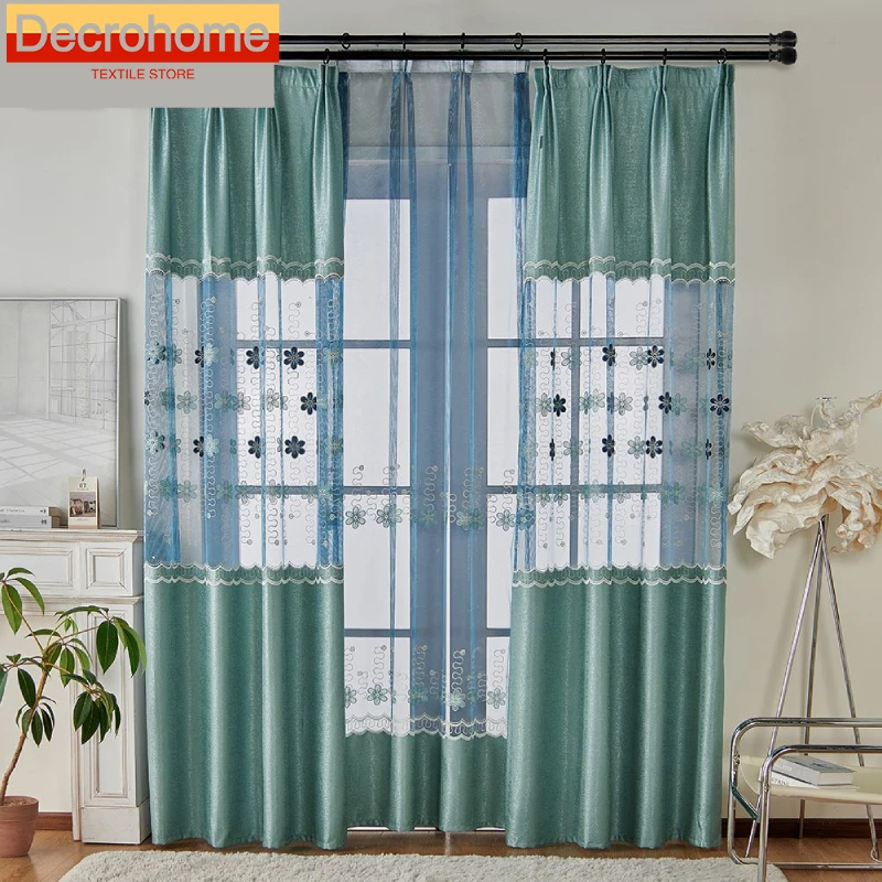 

Peacock Green Hollowed Out Embroidered Curtain Splicing Curtains for Living Room Bedroom French Window Balcony and Bay Window