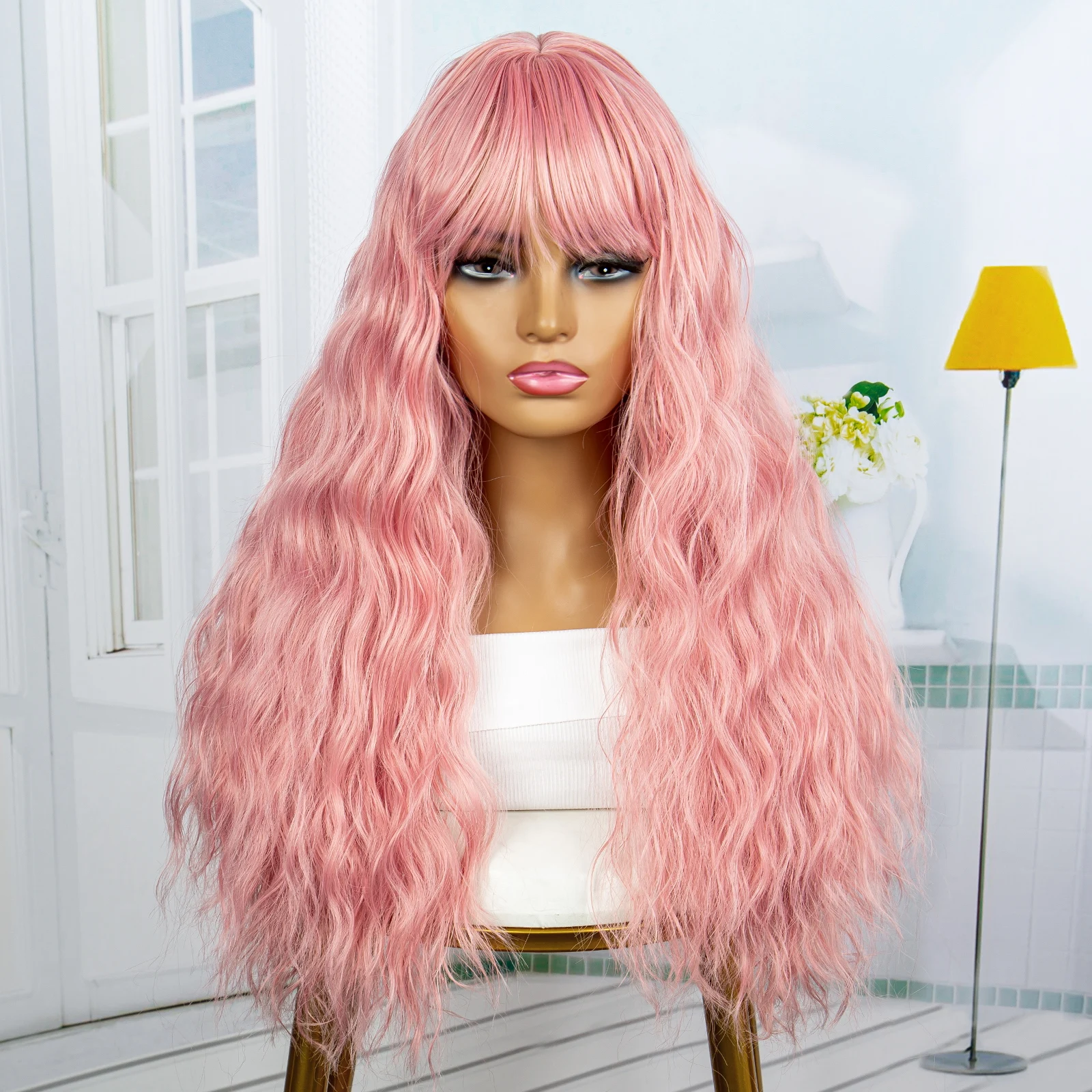 24 Inch Synthetic Wigs Cosplay Wigs for Women Pink Synthetic Hair Wig with Bangs Water Wave Pink Wigs