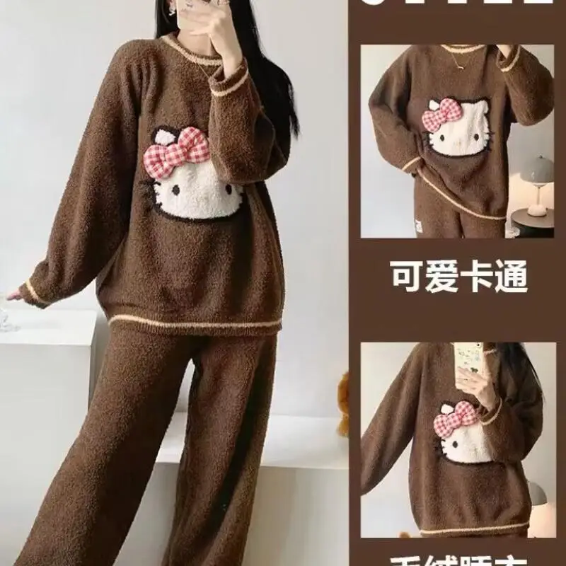 

Sanrio Домашняя одежда 2 шт. Женские полусторонние пижамы Hello Kitty на осень и зиму, новый стиль, утепленный милый теплый комплект из кораллового флиса