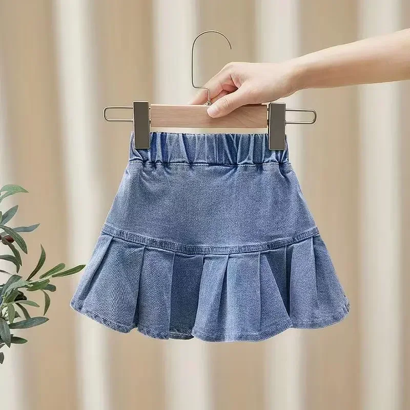 Kids Girls Denim Skirt Summer 2023 New Childrens Outerwear Summer Pleated Skirt Versatile Short Skirt For Girls And Babies