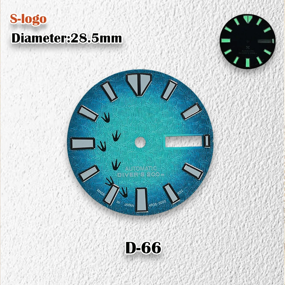 28.5mm NH36 dial with S logo 3D footprint surface suitable for sports watch modification accessories, green glowing with S logo