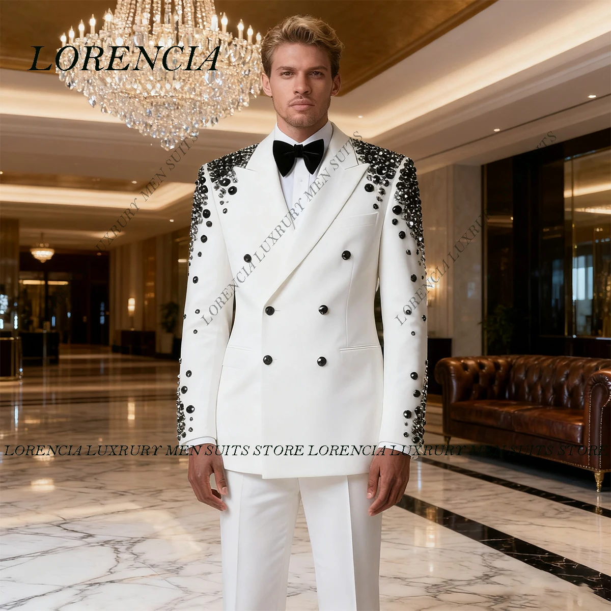 

Customized Glitter Crystals Men Suits Peaked Lapel Wedding Tuxedos Rhinestones 2 Pieces Sets Groom Male Blazer Slim Ropa hombre