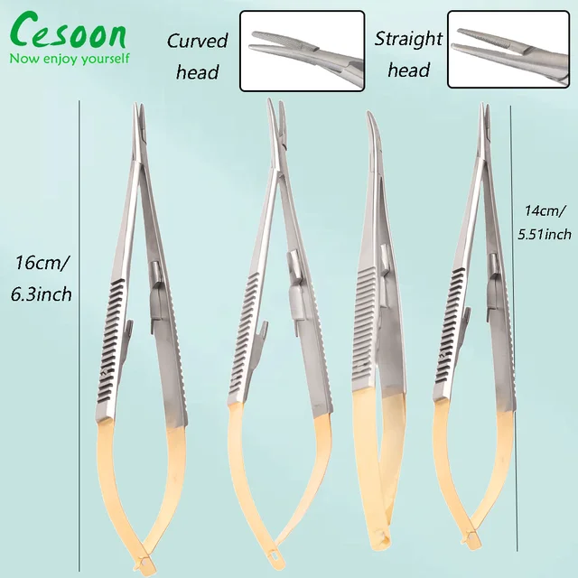 1 szt. Implant dentystyczny Castroviejo uchwyty na igły 14cm 16cm ortodontyczne proste/zakrzywione głowice narzędzia stomatologiczne szczypce chirurgiczne kleszcze