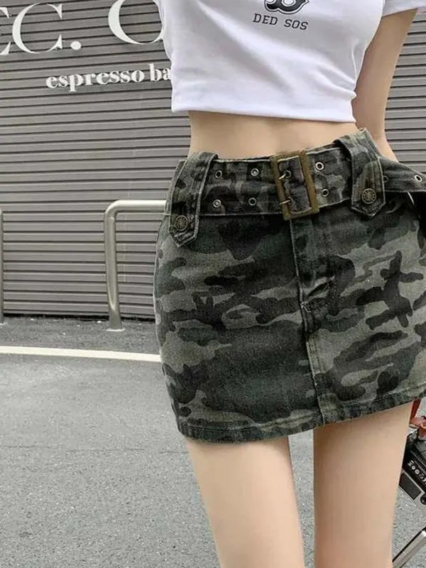 American Camouflage Denim  Skirt High Waist A-Line Short Skirt Women's Summer Hot Girl Retro Bodycon Trendy Versatile