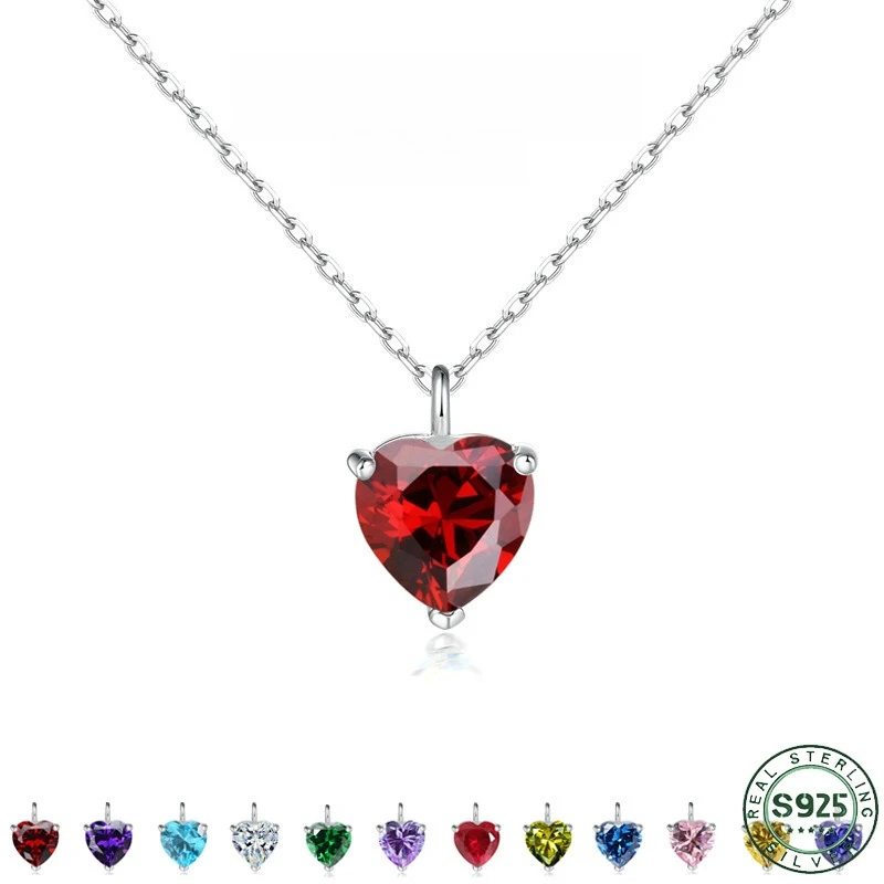 Hot selling 100% S925 pure silver heart-shaped zircon necklace for women's birthstones in December, pure silver pendant necklace