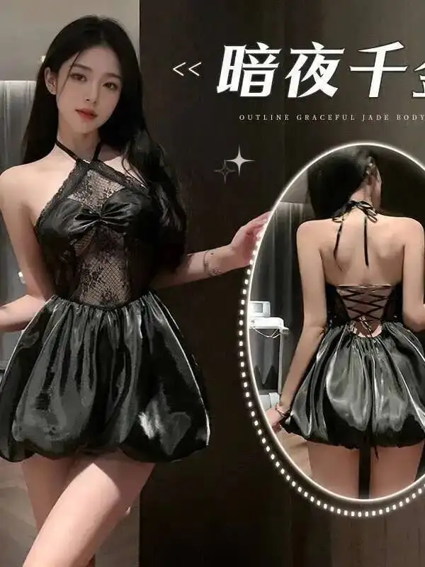 블랙 스윗 탱크 미니 드레스 걸 플러피 허리 묶음 드레스 섹시 레이스 메쉬 시스루 드레스 우아한 2025 패션 섹시 여성 탑 EXL8