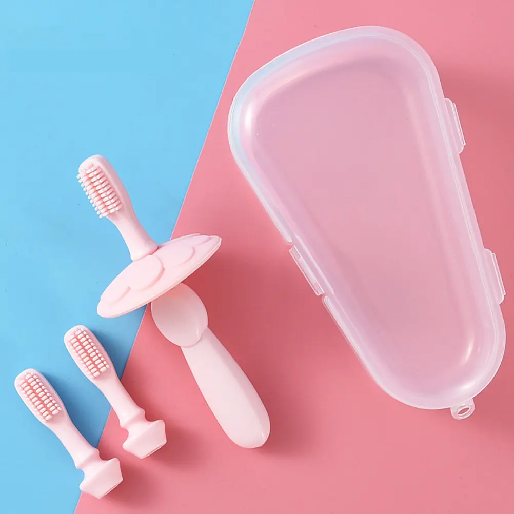 2 Sets Kids Infant Training Silicone Toothbrush Children Banana Newborn 3 Replaceable Heads Detachable H Petal Baffle Safe