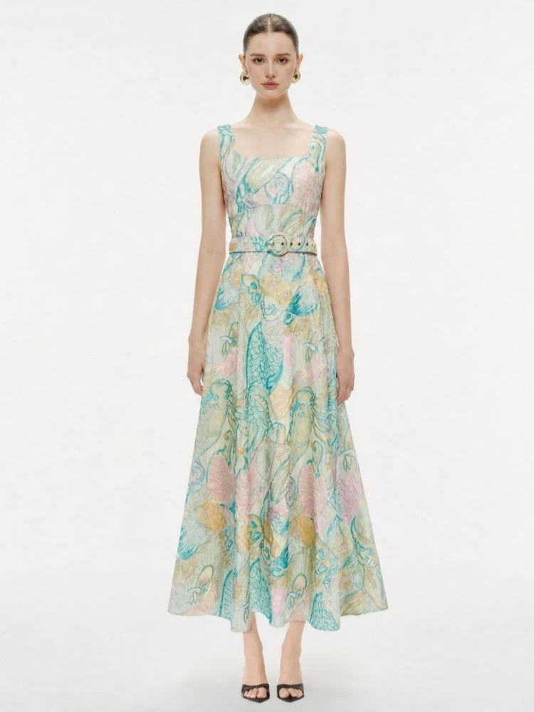 Sexy Straps Square Neck Multi Flowers Long Dress With Women Sleeveless Backless Floral A-line Dresses Elegant Evening Party Gow