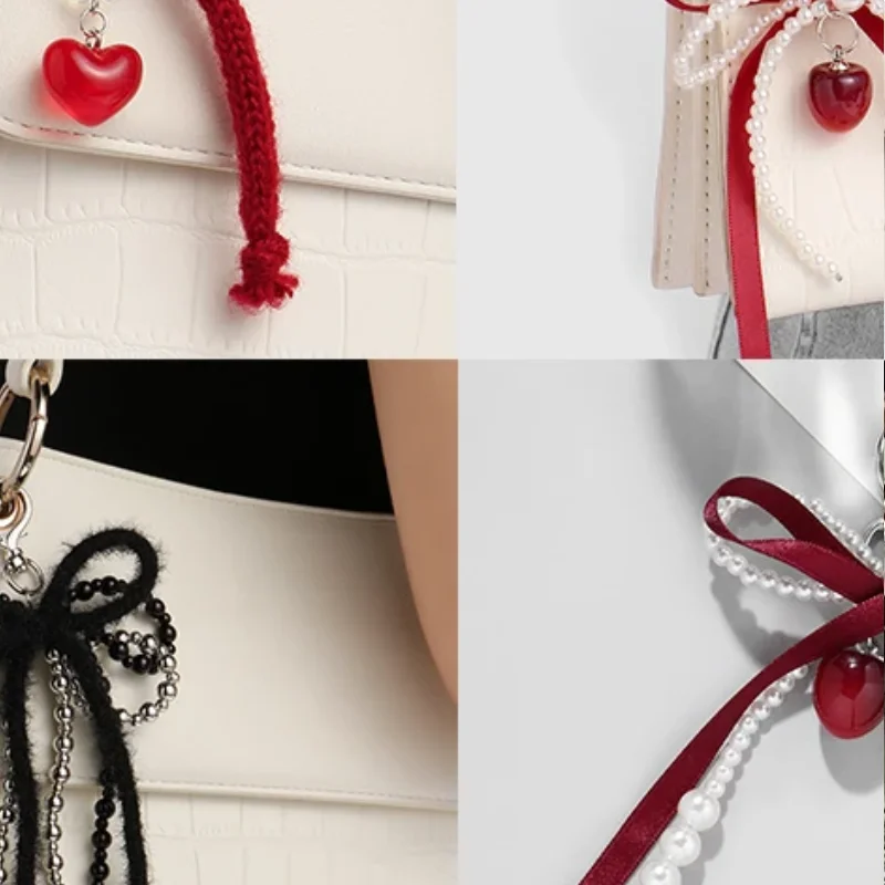 Sweet Red Cherry Pearl Keychain Bag Decoration Ribbon Bow Keychain Cute Backpack Hanging Decoration Gift For Best Friend