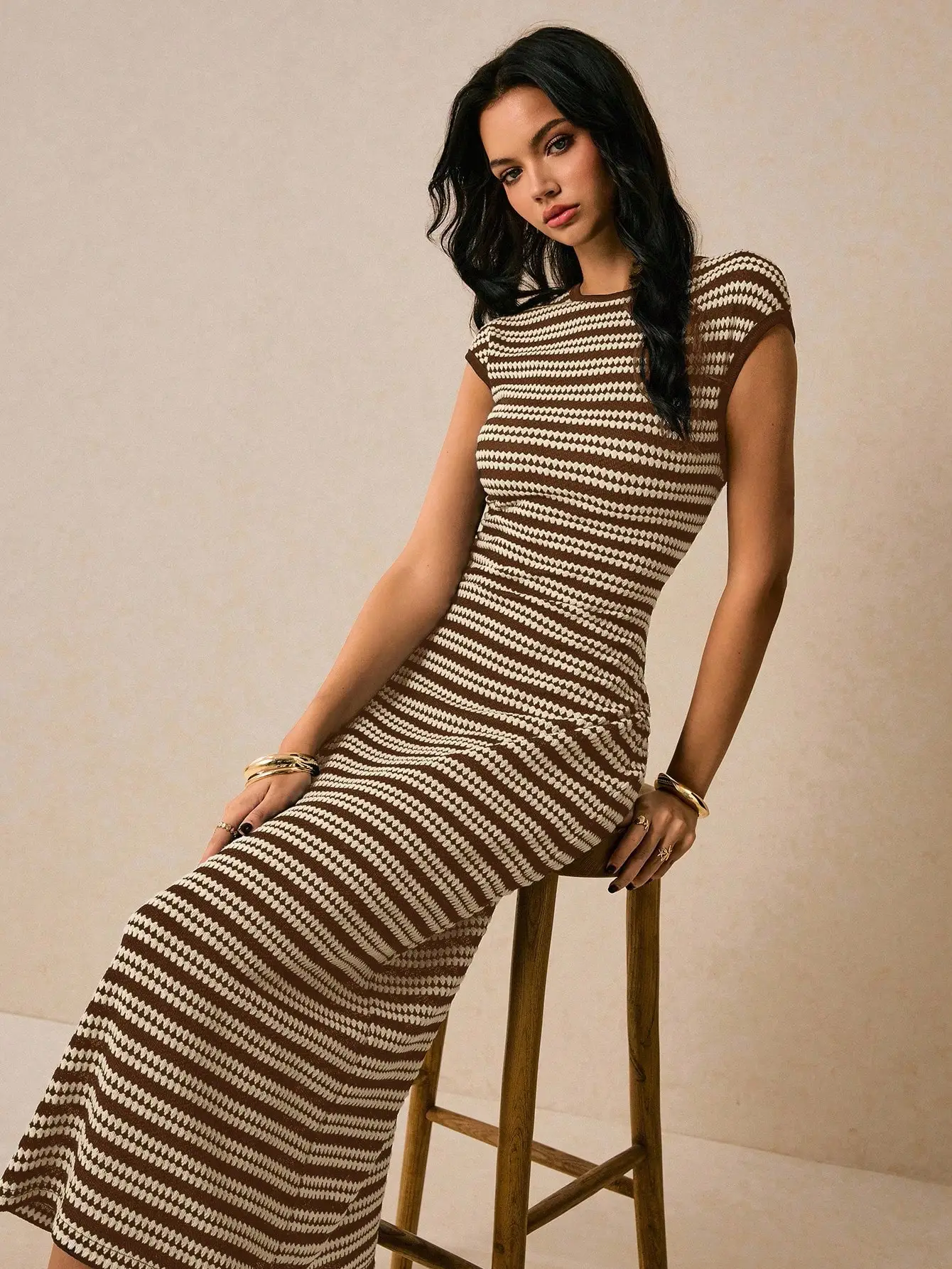 

Cream And Brown Geometric Stripe Knit Midi Dress Cap Sleeve Round Neck