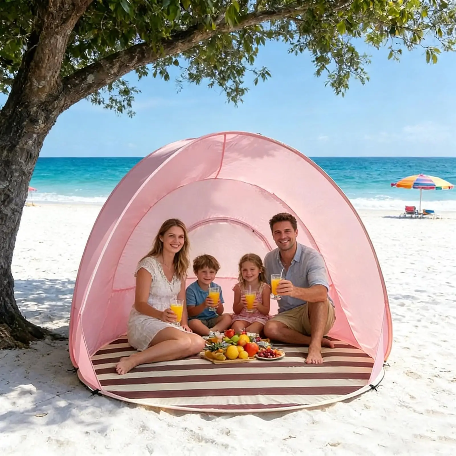 One Click Open Portable Camping Tent 3-4 People Tent Large Space Sunshade Beach Sun Shelter Tent Garden Beach Picnic Tent