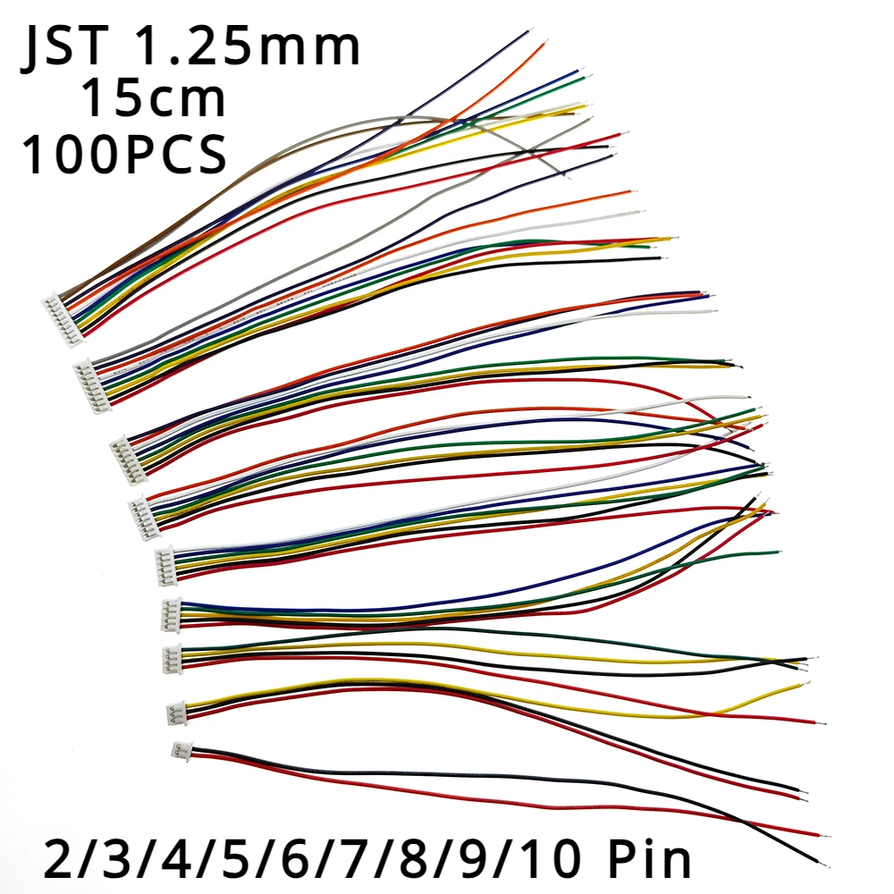 

100Pcs JST 1.25 2/3/4/5/6/7/8/9/10 Pin Single Head Plug With 28AWG 150mm Electronic Wire For 1.25mm PCB Connector